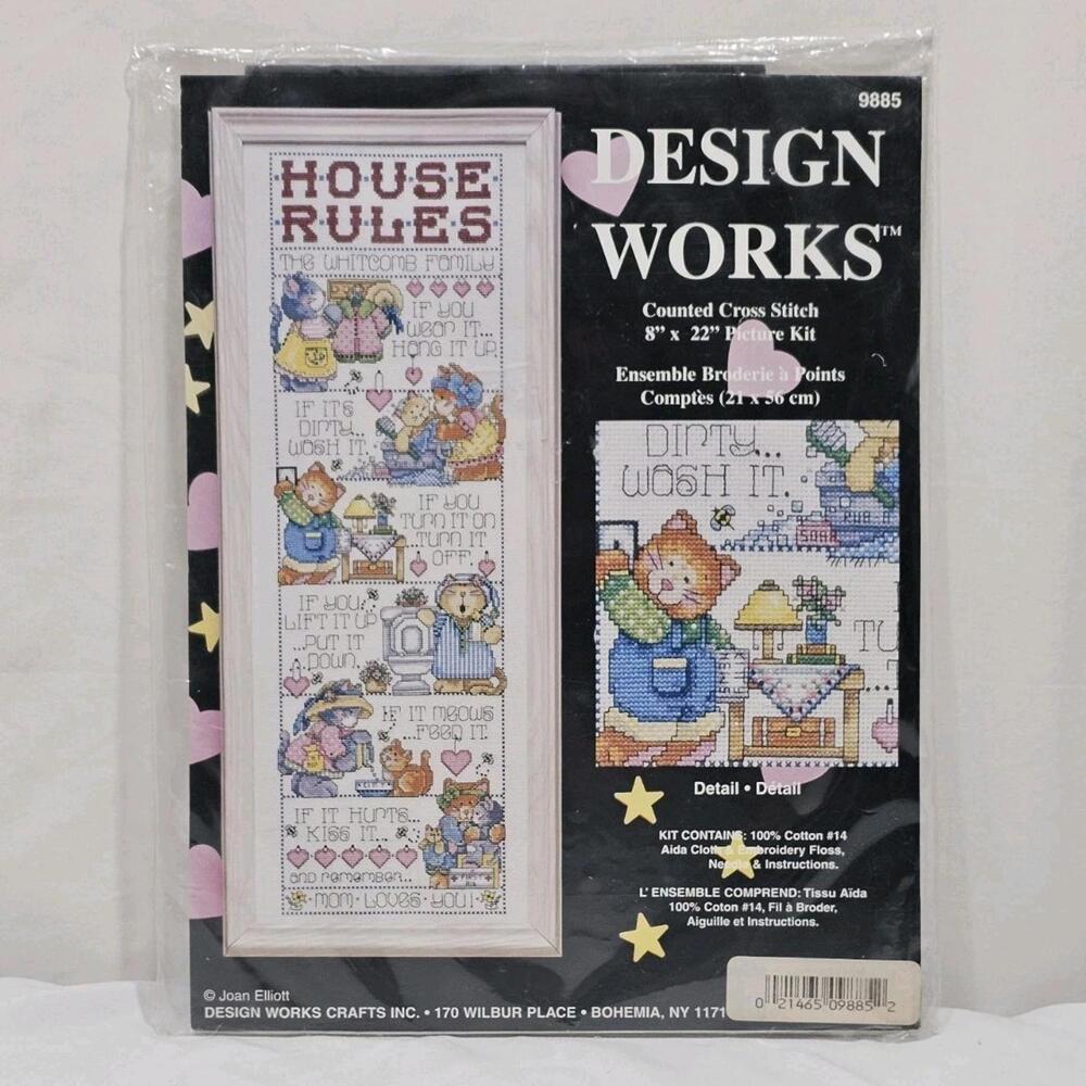 Vintage Design Works Cross Stitch Kit 9885 Kitten House Rules 8" X 22" - Picture 1 of 6